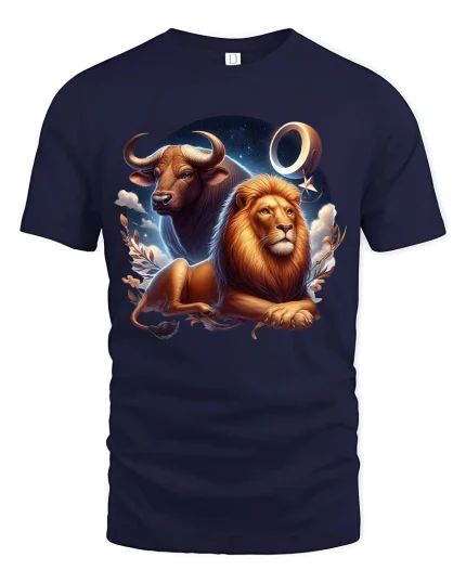 Taurus Leo Zodiac Lion Bull Graphic T Shirt Astrology Style - navy t-shirt on white background