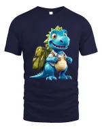 Cute Dino Backpack Cartoon Graphic T Shirt Fun School Style - navy t-shirt on white background