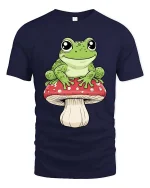 Happy Frog Sitting Mushroom Cartoon Graphic T Shirt Fun Vibe - navy t-shirt on white background