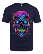 Neon Skull Glow Graphic T Shirt Cyber Punk Style Streetwear - navy t-shirt on white background