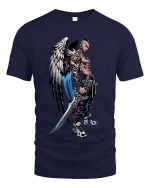 Fallen Angel Warrior Tattoo Graphic T Shirt Dark Street Style - navy t-shirt on white background