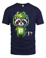 Cute Raccoon Dinosaur Costume Cartoon Graphic T Shirt Fun Style - navy t-shirt on white background