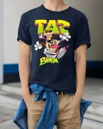 Taz Brooklyn Cartoon Chaos Graphic T Shirt Street Style - model wearing navy tee with hands in pockets