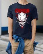 Dark Creator Skull Graphic T Shirt Gothic Streetwear Style - model wearing navy tee with hands in pockets