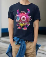 Cute One Eyed Alien Monster Cartoon Graphic T Shirt Fun Style - model wearing navy tee with hands in pockets