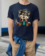 Cute Puppy Cartoon Graphic T Shirt Adorable Dog Lover Style - model wearing navy tee with hands in pockets