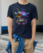 Colorful Alien Monster Cartoon Graphic T Shirt Psychedelic Style - model wearing navy tee with hands in pockets