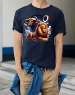 Taurus Leo Zodiac Lion Bull Graphic T Shirt Astrology Style - model wearing navy tee with hands in pockets