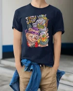 Turtle Soup Villain Cartoon Funny Graphic T Shirt Street Style - model wearing navy tee with hands in pockets