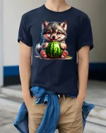 Cute Dog Watermelon Cartoon Graphic T Shirt Happy Summer Style - model wearing navy tee with hands in pockets