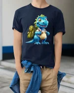 Cute Dino Backpack Cartoon Graphic T Shirt Fun School Style - model wearing navy tee with hands in pockets