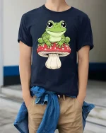 Happy Frog Sitting Mushroom Cartoon Graphic T Shirt Fun Vibe - model wearing navy tee with hands in pockets