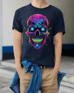 Neon Skull Glow Graphic T Shirt Cyber Punk Style Streetwear - model wearing navy tee with hands in pockets