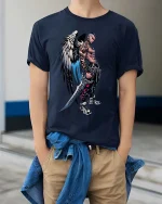 Fallen Angel Warrior Tattoo Graphic T Shirt Dark Street Style - model wearing navy tee with hands in pockets