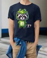 Cute Raccoon Dinosaur Costume Cartoon Graphic T Shirt Fun Style - model wearing navy tee with hands in pockets