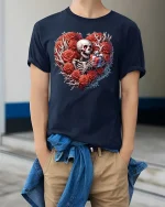 Skeleton Heart Roses Gift Graphic T Shirt Gothic Love Style - model wearing navy tee with hands in pockets