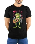Adorable Frog Guitar Player Cartoon Graphic T Shirt Fun Style - model wearing black tee with hands behind back