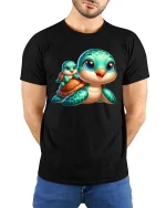 Cute Sea Turtle Baby Cartoon Graphic T Shirt Ocean Vibes Style - model wearing black tee with hands behind back