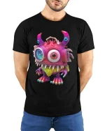 Cute One Eyed Alien Monster Cartoon Graphic T Shirt Fun Style - model wearing black tee with hands behind back