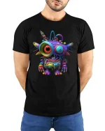 Colorful Alien Monster Cartoon Graphic T Shirt Psychedelic Style - model wearing black tee with hands behind back