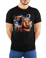 Taurus Leo Zodiac Lion Bull Graphic T Shirt Astrology Style - model wearing black tee with hands behind back