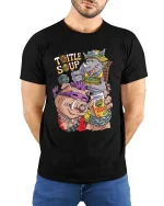 Turtle Soup Villain Cartoon Funny Graphic T Shirt Street Style - model wearing black tee with hands behind back