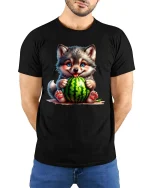 Cute Dog Watermelon Cartoon Graphic T Shirt Happy Summer Style - model wearing black tee with hands behind back