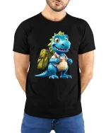 Cute Dino Backpack Cartoon Graphic T Shirt Fun School Style - model wearing black tee with hands behind back