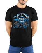 luebeard Pirate Skull Cartoon Graphic T Shirt Vintage Style - model wearing black tee with hands behind back