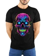 Neon Skull Glow Graphic T Shirt Cyber Punk Style Streetwear - model wearing black tee with hands behind back