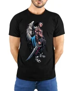 Fallen Angel Warrior Tattoo Graphic T Shirt Dark Street Style - model wearing black tee with hands behind back