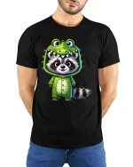 Cute Raccoon Dinosaur Costume Cartoon Graphic T Shirt Fun Style - model wearing black tee with hands behind back