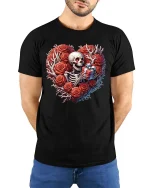 Skeleton Heart Roses Gift Graphic T Shirt Gothic Love Style - model wearing black tee with hands behind back