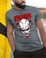 Dark Creator Skull Graphic T Shirt Gothic Streetwear Style - model wearing grey tee, leaning on column