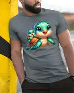 Cute Sea Turtle Baby Cartoon Graphic T Shirt Ocean Vibes Style - model wearing grey tee, leaning on column