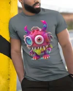 Cute One Eyed Alien Monster Cartoon Graphic T Shirt Fun Style - model wearing grey tee, leaning on column