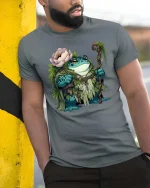 Frog Forest Druid Cartoon Graphic T Shirt Nature Fantasy Style - model wearing grey tee, leaning on column