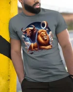 Taurus Leo Zodiac Lion Bull Graphic T Shirt Astrology Style - model wearing grey tee, leaning on column