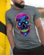 Neon Skull Glow Graphic T Shirt Cyber Punk Style Streetwear - model wearing grey tee, leaning on column