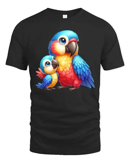 Cute Colorful Parrot Duo Cartoon Animal Graphic T Shirt - black t-shirt on white background