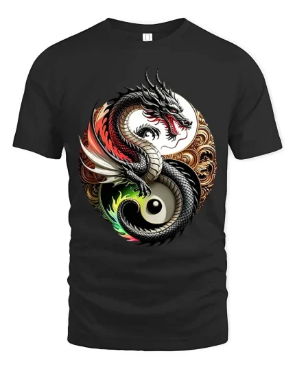Yin Yang Dragon Balance Symbol Asian Art Graphic T Shirt - black t-shirt on white background