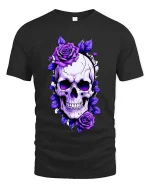 Gothic Skull Purple Roses Dark Floral Art Graphic Tshirt - black t-shirt on white background
