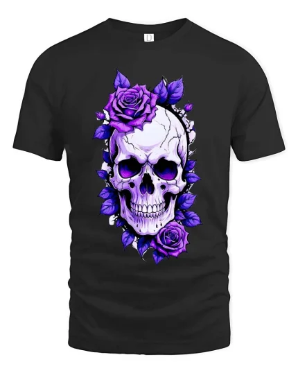 Gothic Skull Purple Roses Dark Floral Art Graphic Tshirt - black t-shirt on white background