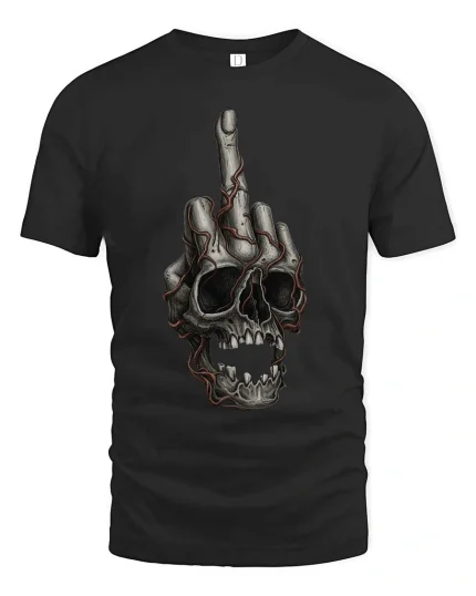 Edgy Skull Middle Finger Dark Humor Graphic Tshirt - black t-shirt on white background