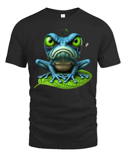 Grumpy Frog Big Eyes Funny Cute Cartoon Graphic T Shirt - black t-shirt on white background