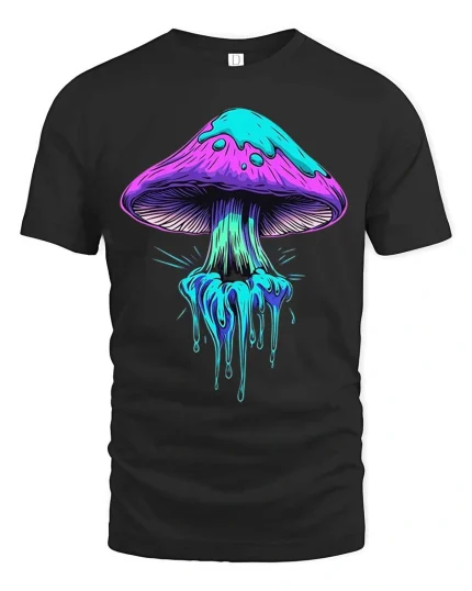 Neon Dripping Mushroom Psychedelic Art Graphic T Shirt - black t-shirt on white background