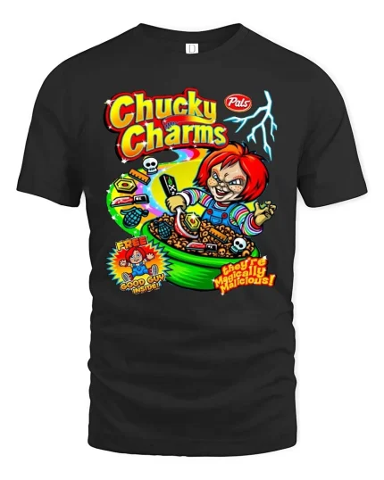 Evil Doll Cereal Parody Dark Humor Graphic T Shirt - black t-shirt on white background