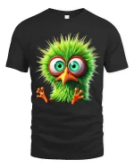 Funny Green Bird Big Eyes Cute Cartoon Graphic T Shirt - black t-shirt on white background
