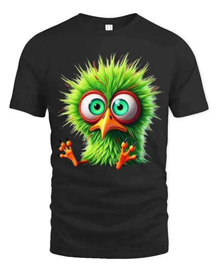 Funny Green Bird Big Eyes Cute Cartoon Graphic T Shirt - black t-shirt on white background