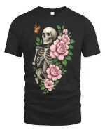 Skull and Flowers Butterfly Dark Aesthetic Graphic Tee - black t-shirt on white background